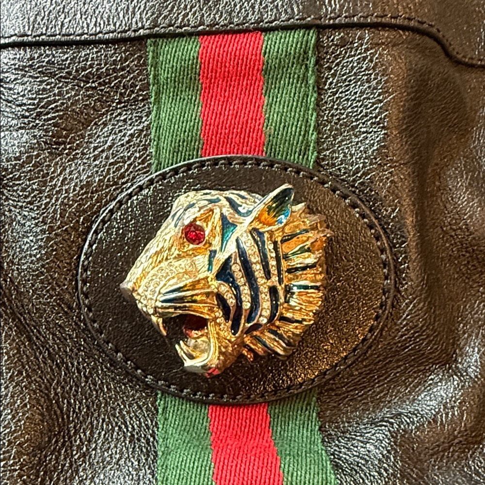 Gucci Black Leather Bag with Gold Tiger and Red-Green Stripe